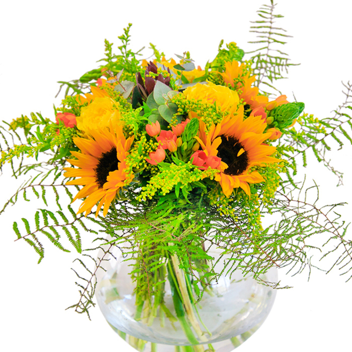 The first impression of this bouquet is absolute sunlit splendor, evoking the golden days of late summer in Dartford. A host of striking sunflowers rise confidently at the center, their radiant petals and bold, chocolate centers reminiscent of sunbeams filtering over Dartford Park. Surrounding these, clusters of lush yellow garden roses gracefully spiral open, their classic rosette formation lending a sense of timeless beauty and tradition. Woven artfully among these blooms are bursts of bright red hypericum berries, catching the eye with their glossy finish and rich hue-like tiny berries discovered along the footpaths of Wilmington or Shaw Lane. The foliage sweeps outward in a luxuriant display: feathery fern fronds dangle with a delicate movement, while sprigs of goldenrod and slender green spikes hint at wild meadows surrounding the town. Wisps of eucalyptus, cool and understated, add a gentle blue-green note and a subtle freshness to the design. All these elements gather harmoniously in a crystal-clear, rounded glass vase, allowing the vivid green stems to intertwine visibly through the clear water below, giving the whole bouquet a feeling of openness and invitation. The arrangement delivers a sensory experience-from the soft, sun-kissed petals to the fresh scent of green leaves-making it perfect for Dartford families marking a celebration, gifting a loved one near Princes Road, or brightening up a welcoming home. It stands as a joyful declaration of happiness, expertly arranged by local artisans attuned to the unique spirit of Dartford.