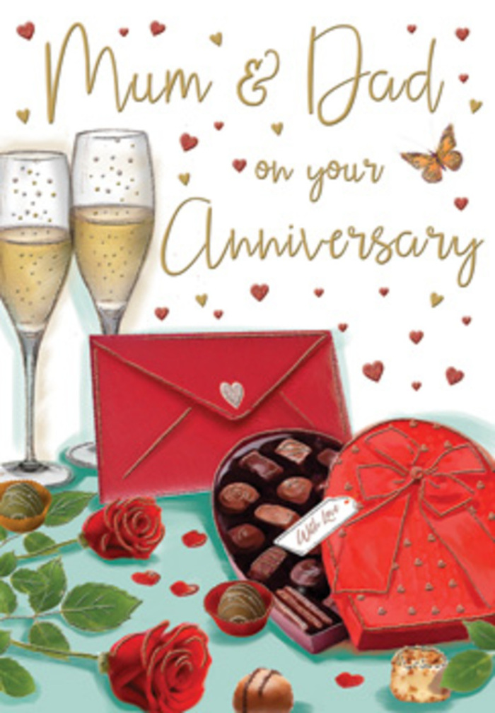 Luxurious, story-like anniversary card illustration showing a richly detailed still life of love and celebration, styled much like a special evening laid out in a Dartford dining room. Dominating the scene are two elegant champagne flutes, drawn tall and slender, their clear sides catching soft reflections as golden bubbles fizz slowly upwards, suggesting the quiet pause just before a toast. Nearby, a generously sized heart-shaped box of chocolates, wrapped in deep red and bound with an opulent satin bow, sits partly open, revealing a tempting assortment of neatly lined truffles in shades of milk and dark chocolate. A few pieces rest on the tabletop, hinting at indulgent, shared moments. Beside this sit two sumptuous red roses, their petals rich and velvety, spiralling from tight centres out to gently curling edges, accented by glossy green leaves that look as though they've been freshly cut by a skilled florist, perhaps from a bouquet prepared by Flower Delivery Dartford for an anniversary surprise near Bluewater or in the town centre. Gold and crimson hearts float like confetti across the background, framing the lovingly scripted Mum & Dad message and adding a sense of movement and joy. A scarlet envelope, carefully positioned and firmly sealed, suggests a handwritten note tucked inside-private words that make the celebration feel uniquely personal. The warm tones of red, gold, and chocolate brown, combined with the romantic motifs, create an atmosphere of gratitude, comfort, and enduring affection, perfectly capturing the spirit of an anniversary shared with family.