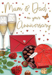 Beautifully illustrated anniversary card portraying an intimate celebration scene that feels both classic and homely, as if set for proud parents in Dartford on a special evening in. At the centre, two sparkling champagne flutes stand close together, their slender stems almost touching, filled with pale golden fizz where tiny bubbles catch the light and suggest a joyful toast about to be shared. To one side lies a heart-shaped box of chocolates, richly coloured in deep red, its lid slightly open to show an orderly array of truffles, each round and inviting with a soft sheen that hints at creamy fillings. A generous red bow wraps the box, its loops bold and theatrical, echoing the romance of the occasion. Resting in front are two striking red roses, their velvety petals unfurling in lush layers, complemented by dark green leaves that provide a natural contrast to the sweetness of the chocolates-just the kind of detail a local florist would notice when creating an anniversary bouquet destined for homes across Dartford and nearby neighbourhoods. Scattered chocolate pieces and floating crimson and gold hearts drift around the composition, embracing the scripted words for Mum & Dad and adding a light, celebratory feel. A rich scarlet envelope, neatly sealed with a small heart motif, suggests the presence of a heartfelt, handwritten message inside. Together, the warm reds, gentle metallic glints, and soft lighting evoke the comforting scent of roses, the indulgence of shared treats, and the deep, enduring love that makes anniversaries so meaningful.